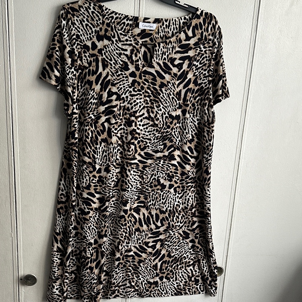Calvin Klein Leopard Print Short Sleeve Shift Dress - Black Beige Brown